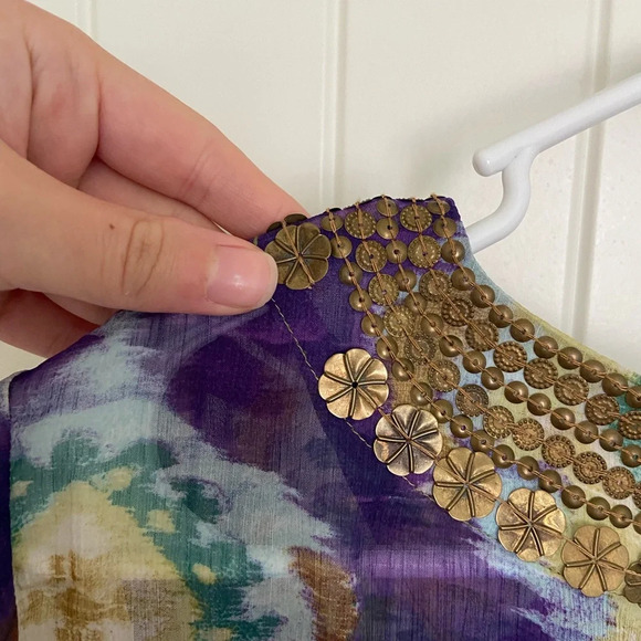 NWT | Chico’s Women’s sheer colorful patterned blouse decorated neckline — small - Picture 7 of 7